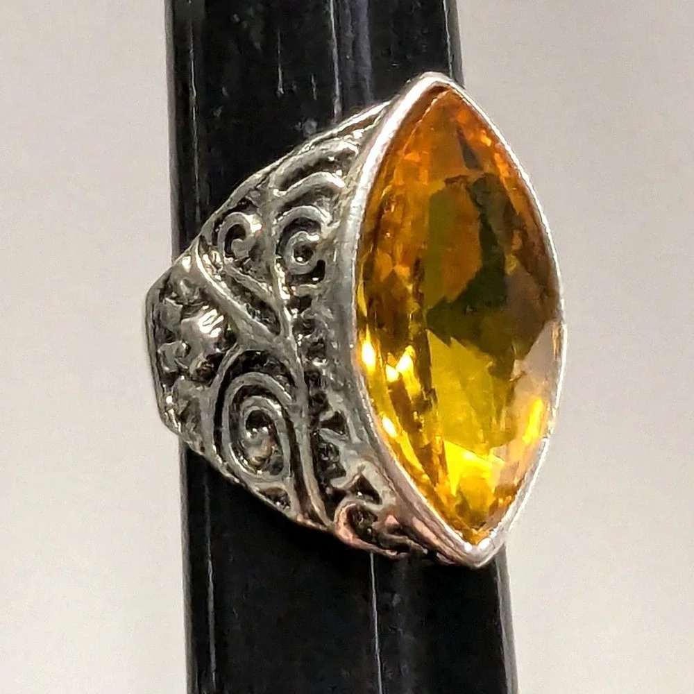 SilverTone Marquise Faceted Yellow Citrine November Statement Ring Plus‎ Size 11
